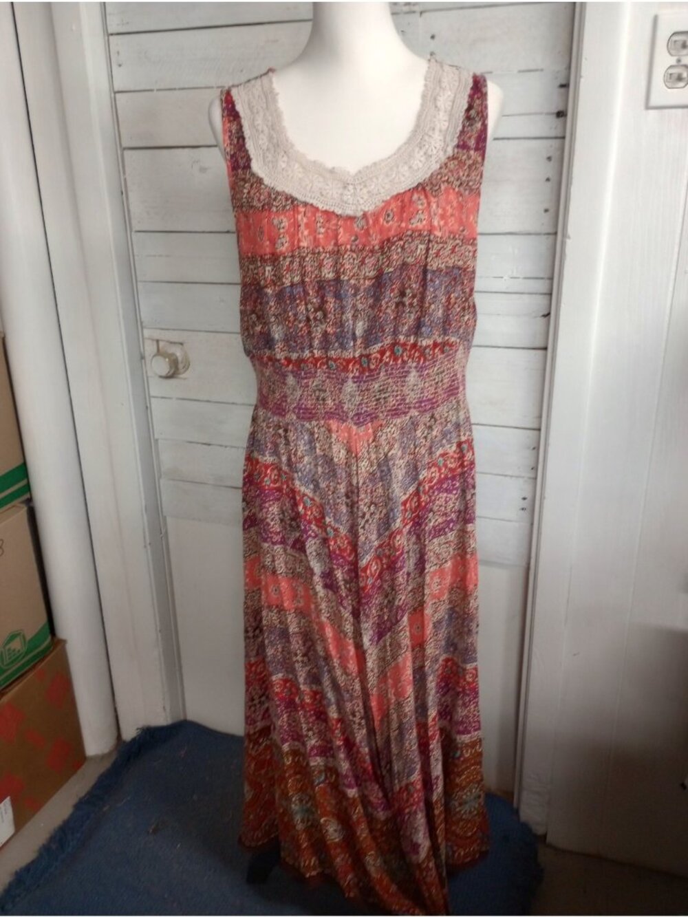 BILA Multi Color Maxi Dress Size 2X Crochet Neck Sleeveless Beach Boho Vacation